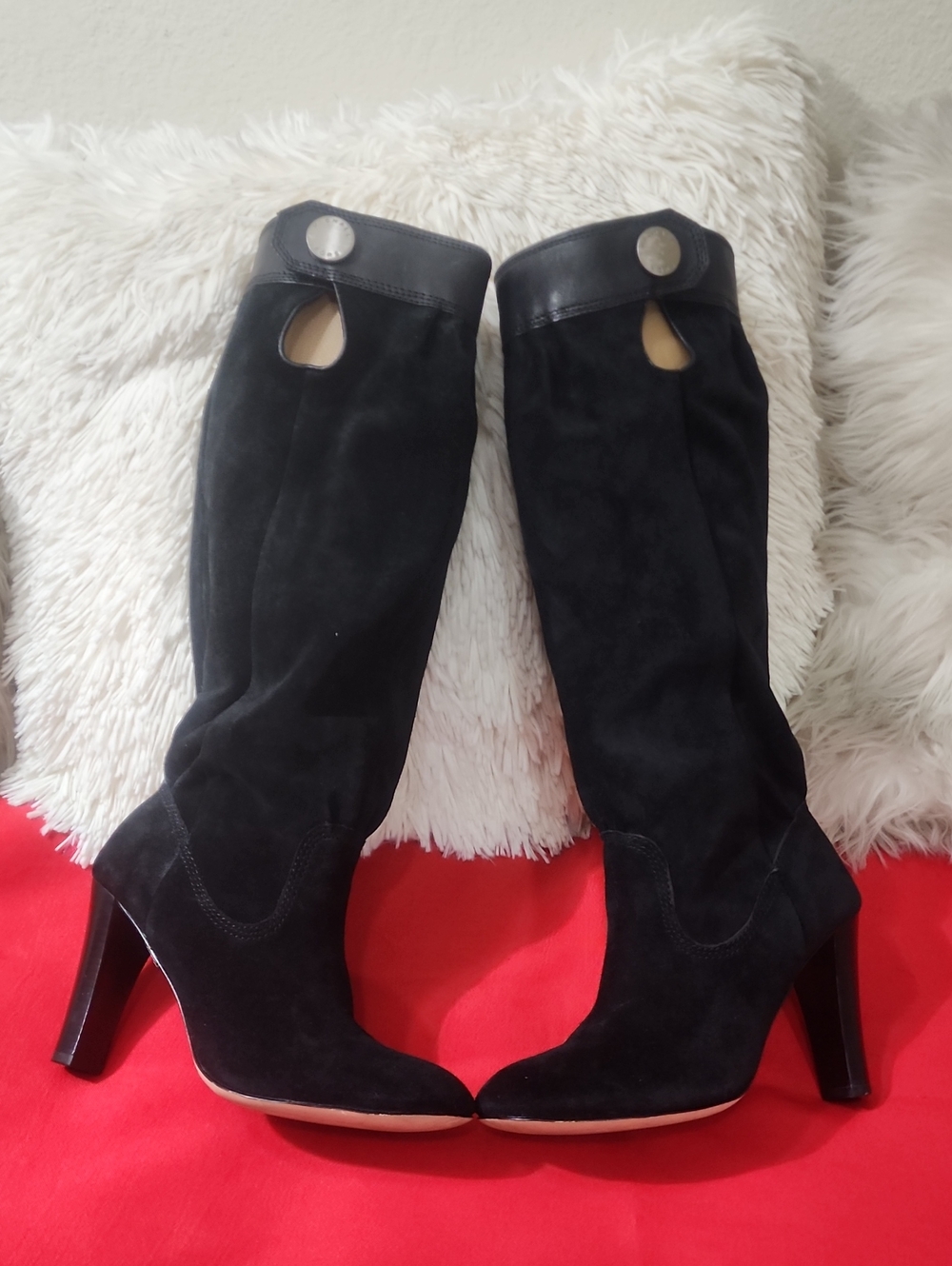 Michael Kors Harness Black Suede Knee-High Heeled Boots with Button Accent